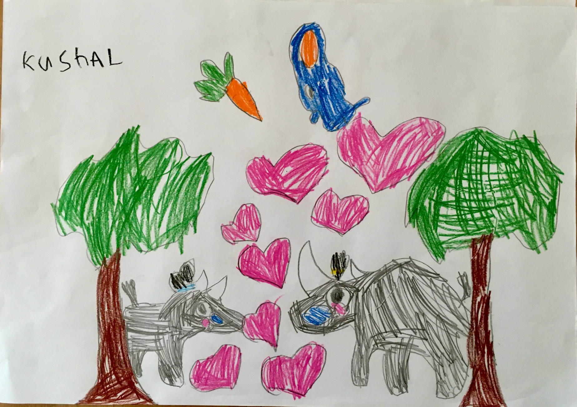 Kinderzeichnung – Nashorn mit Herzen